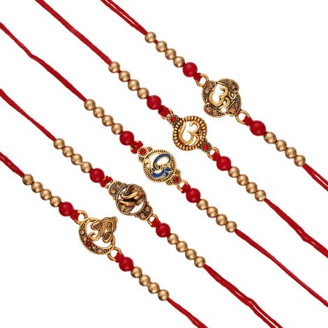 Religious Red & Golden Om Symbol and Lord Ganesha Designer Rakhis & Roli Chawal Pack (eCraftIndia) Set of 5