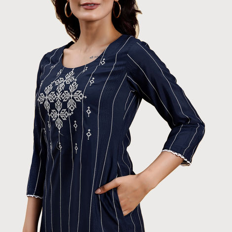 Libas Women's Embroidered Silk Straight Kurta | Blue - L