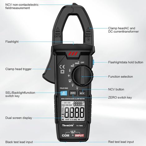 Themisto Th-M90 Auto Range, Ac/Dc Current, True Rms Digital Clamp Meter (600A,6000 Counts), Black