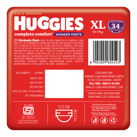 Huggies Complete Comfort Wonder Baby Diapers | Pant Style | XL | 34 pcs