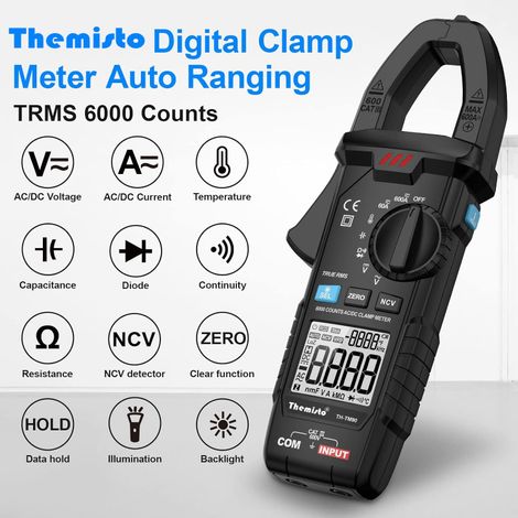 Themisto Th-M90 Auto Range, Ac/Dc Current, True Rms Digital Clamp Meter (600A,6000 Counts), Black