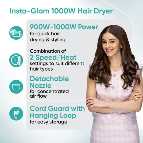 Vega Insta Glam Foldable 1000 Watts Hair Dryer with 2 Heat/Speed Settings, VHDH-20N, (Made in India)