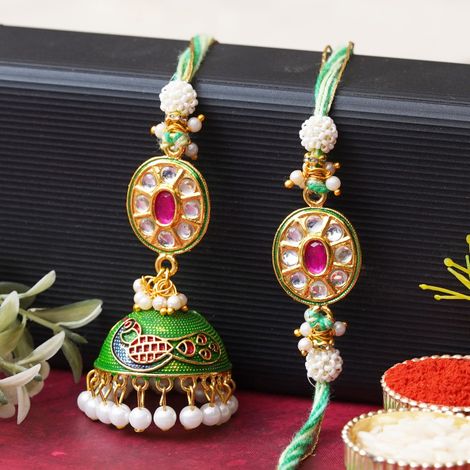 Bhaiya Bhabhi Kundan, Pearl Peacock Designer Rakhi for Brother and Bhabhi & Roli Chawal Pack (eCraftIndia) Set of 2