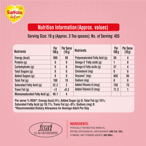 Saffola Active Rice Bran & Soyabean Oil | Rich in Omega 3 & Oryzanol