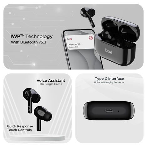boAt Airdopes 163 TWS Earbuds w/ 40H Playtime, ASAP Charge , 13mm Drivers & ENx Tech (Pebble Black)