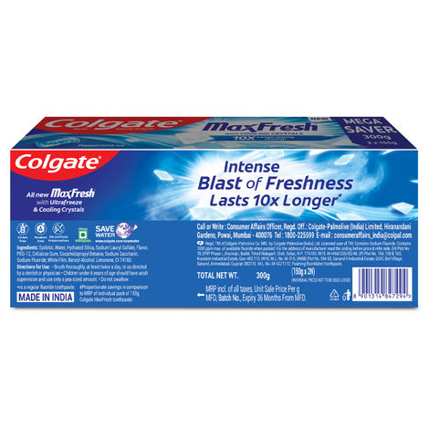 Colgate MaxFresh Toothpaste, Blue Gel Paste with Menthol for Super Fresh Breath (Peppermint Ice, Saver Pack)