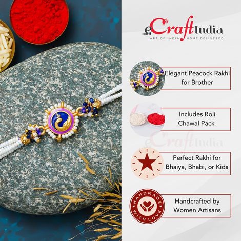 Peacock Beautiful Rakhi with Roli Chawal Pack | Designer Rakhi for Brother, Bhaiya, Bhai, Bhabhi, and Kids (eCraftIndia)