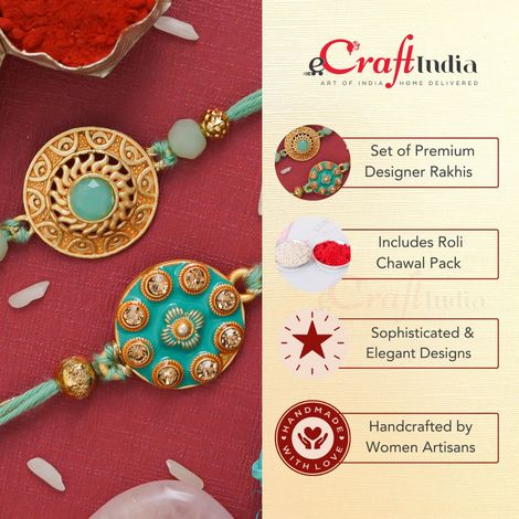 Stone Light Blue & Golden Premium Designer Rakhis & Roli Chawal Pack (eCraftIndia) Set of 2