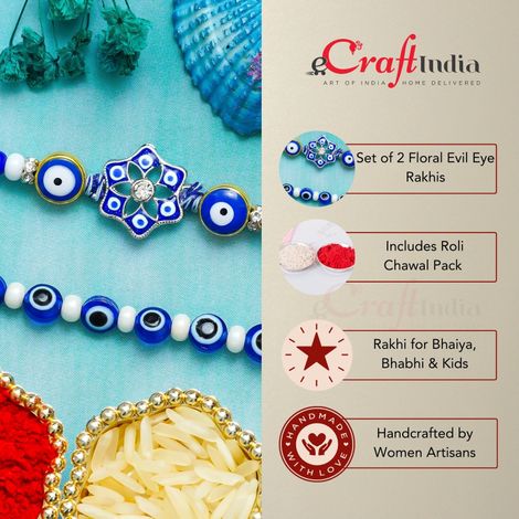 Evil Eye Floral Rakhis for Bhaiya, Bhai, Bhabhi and Kids with Roli Chawal Pack (eCraftIndia) Set of 2