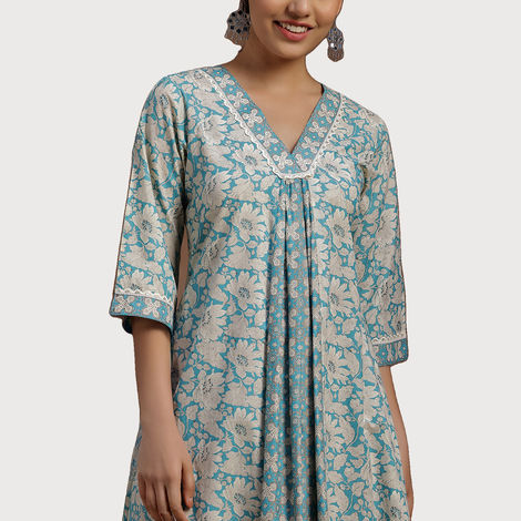 Libas Women's Floral Printed Panelled A-Line Dress with Pleated Style And Pocket | 29115O | Blue - M