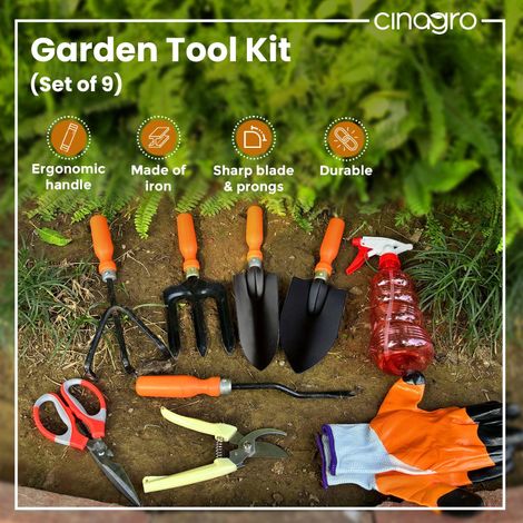 Cinagro Garden Tools- 9 Pcs, Weeder, 2 Trowels, Hand Fork, Cultivator, Scissor, Pruner,Glove, Spray