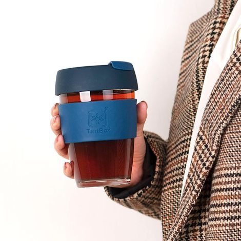 Tintcup | Borosilicate Glass Brew Cup With Silicone Grip & Lid | 350 ml - Dashing Blue