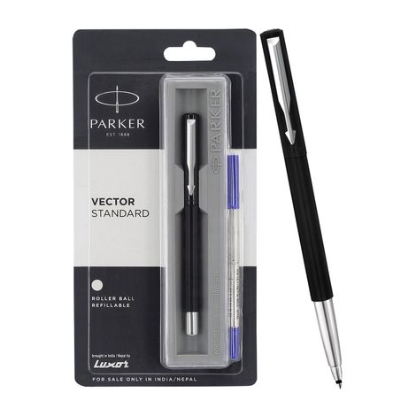 Parker Vector Standard Roller Ball Pen Chrome Trim Black Body (Blue Ink)