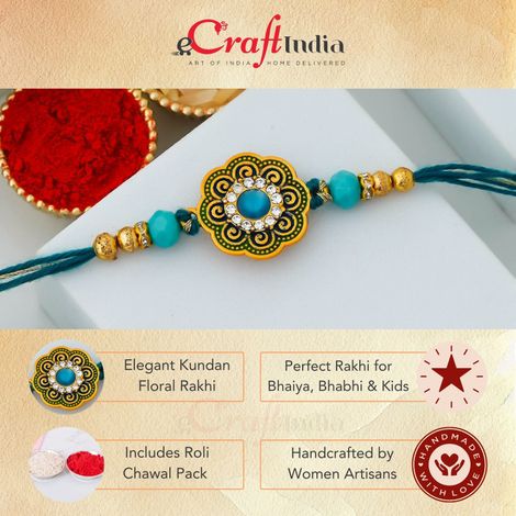 Floral Kundan Designer Rakhi for Bhaiya, Bhai, Bhabhi and Kids with Roli Chawal Pack (eCraftIndia)