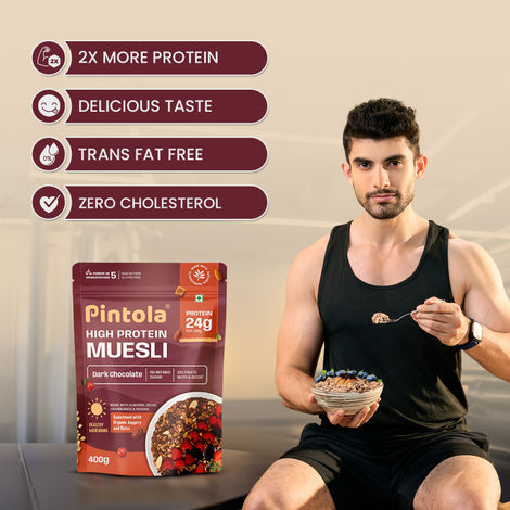 Pintola High Protein Muesli Dark Chocolate & Cranberry, 22g Protein, High Fibre, Trans Fat Free