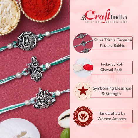 Religious Lord Shiva Trishul, Ganesha, Krishna Designer Rakhis for Brother, Bhabhi, Kids & Roli Chawal Pack (eCraftIndia) Set of 3