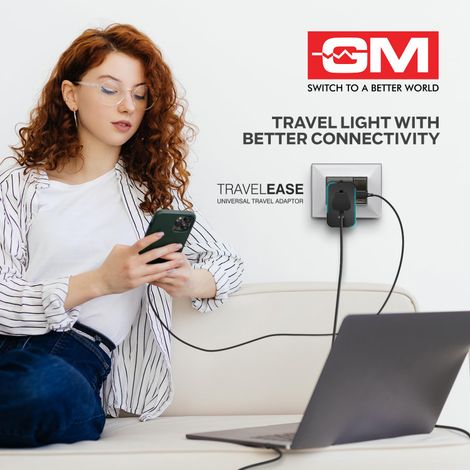 GM 3064 Travel Ease Universal Travel Adaptor | LED Indicator |Multi plug Connection | Type C | Type A | Compact and Light Weight Universal Adaptor - Black