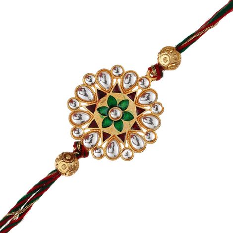 Floral Multicolor Designer Kundan Rakhi for Brother with Roli Chawal Pack (eCraftIndia)