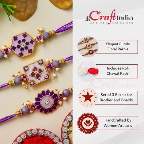 Floral Purple Designer Rakhi for Bhaiya, Bhai, Bhabhi and Kids with Roli Chawal Pack (eCraftIndia) Set of 3