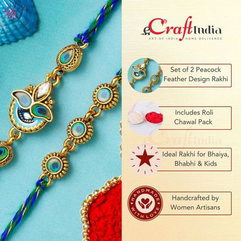Peacock Beautiful Feather Designer Rakhis with Roli Chawal Pack | For Brother, Bhaiya, Bhai, Bhabhi, and Kids (eCraftIndia) Set of 2