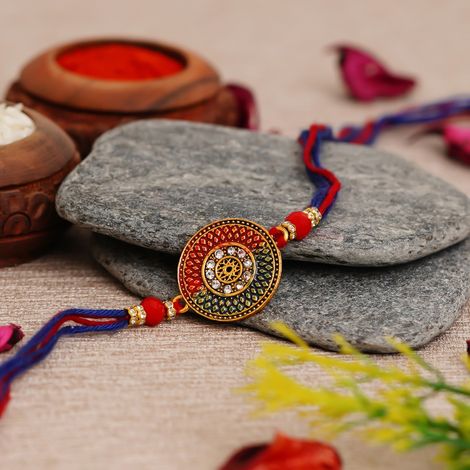Stone Red, Blue Round Designer Rakhi for Brother & Roli Chawal Pack (eCraftIndia)