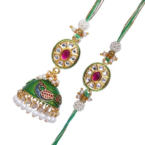 Bhaiya Bhabhi Kundan, Pearl Peacock Designer Rakhi for Brother and Bhabhi & Roli Chawal Pack (eCraftIndia) Set of 2