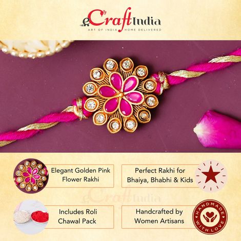 Floral Golden Pink Flower Designer Rakhi for Bhaiya, Bhai, Bhabhi and Kids with Roli Chawal Pack (eCraftIndia)