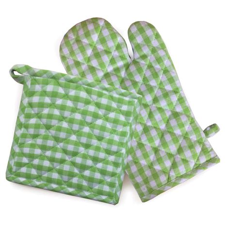 Lushomes Oven Gloves and Pot Holder - Green Checks | Pot Holder 8 x 8 inch | Gloves 7 x 13 inch
