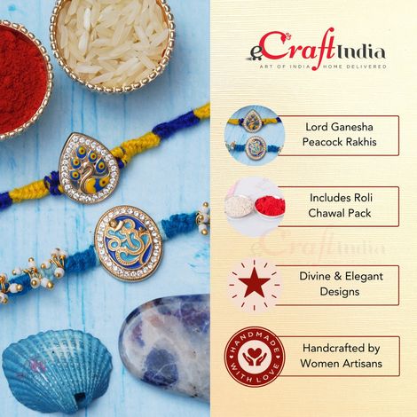 Religious Lord Ganesha & Beautiful Peacock Rakhis for Brother, Bhabhi, Kids & Roli Chawal Pack (eCraftIndia) Set of 2