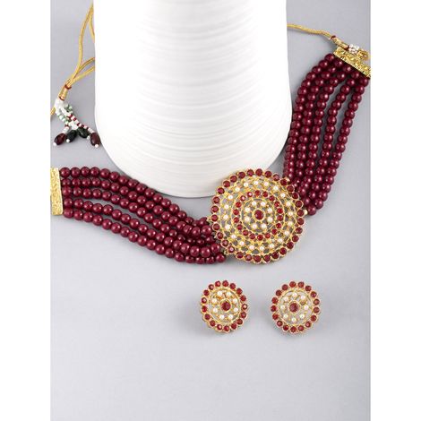 Peora Gold Plated Kundan Beads Choker Necklace with Round Earrings Traditional Jewellery Set