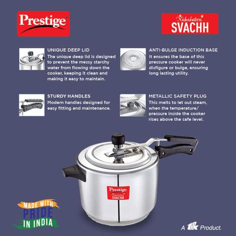 Prestige Aluminium Inner Lid Nakshatra Plus Svachh Spillage Control Pressure Cooker, 5 L (Silver)