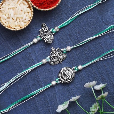 Religious Lord Shiva Trishul, Ganesha, Krishna Designer Rakhis for Brother, Bhabhi, Kids & Roli Chawal Pack (eCraftIndia) Set of 3