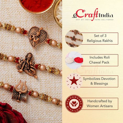 Religious Red & Golden Trishul with Damru, Lord Ganesha, & Lord Krishna Playing Flute Rakhis & Roli Chawal Pack (eCraftIndia) Set of 3