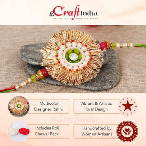 Floral Multicolor Round Flower Designer Rakhi for Brother with Roli Chawal Pack (eCraftIndia)