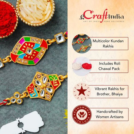 Kundan Multicolor Rakhis for Bhai, Bhaiya, Bhabhi and Kids with Roli Chawal Pack (eCraftIndia) Set of 2