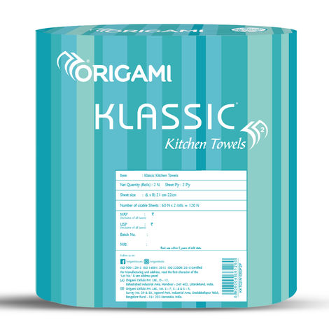 Origami Klassic 2 Ply Kitchen Towel Paper Roll - Pack Of 2 - 60 Pulls Per Roll Combo 