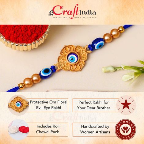 Evil Eye Om Floral Raksha Bandhan Rakhi for Bhai Bhaiya with Roli Chawal Pack (eCraftIndia)