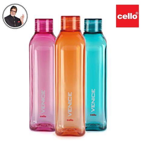 Cello Plastic Venice Water Bottles Black Blue and Pink | Black, Blue, and Pink - 1 L
