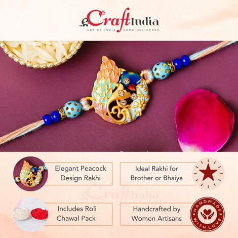 Peacock Rakhi for Brother, Kids, Bhai, and Bhaiya | Single Designer Rakhi with Roli Chawal Pack (eCraftIndia)