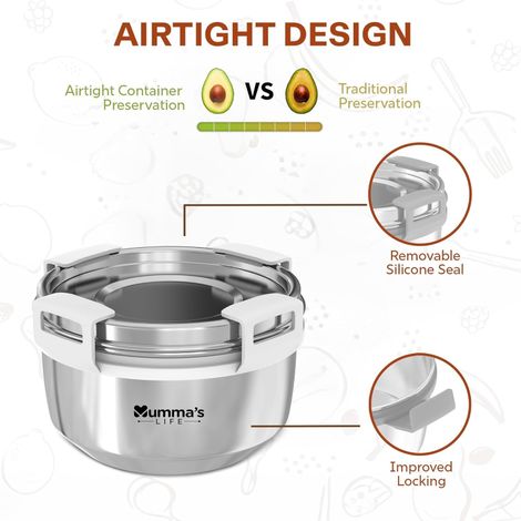 Mumma s Life Stainless Steel Airtight Containers With Leak Proof Lids | Set Of 1 | 425 ml