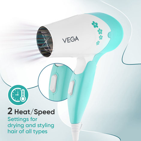 Vega Insta Glam Foldable 1000 Watts Hair Dryer with 2 Heat/Speed Settings, VHDH-20N, (Made in India)