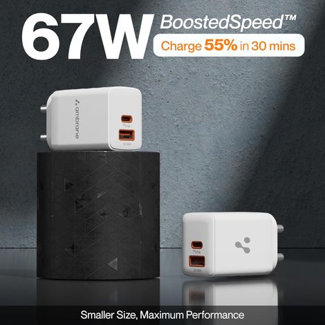 Ambrane 67W Dual Port Fast Charger for Laptop, Lenovo, HP, ASUS, Dell, MacBook & all Smartphones