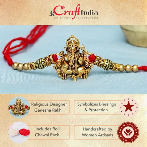 Religious Golden Designer Ganesha Rakhi for Brother with Red Thread, & Roli Chawal Pack (eCraftIndia)