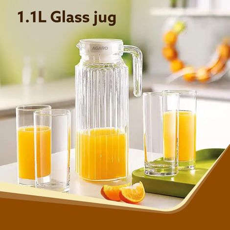 AGARO Elegant Glass Jug with Lid, 1.1L Carafes Jug Pitcher