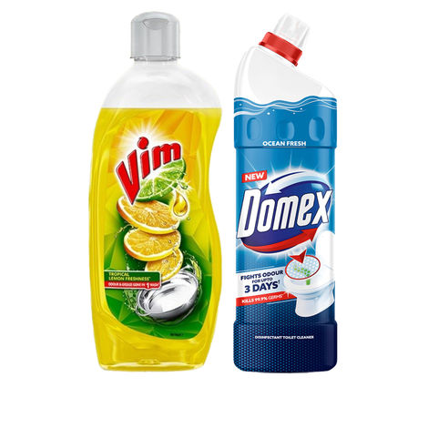 Vim Lemon Dishwash Liquid Gel (500ml) & Domex Ocean Fresh Toilet Cleaner Liquid (1L) Combo