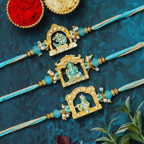 Religious Om Ganesha Krishna Designer Rakhis with Roli Chawal Pack | Rakhi for Brother Bhaiya Bhai Bhabhi Kids (eCraftIndia) Set of 3