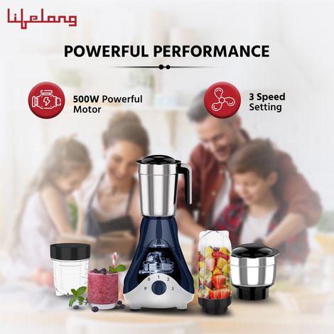 Lifelong Mixer Grinder | 500 W | 4 Jars - 2 Stainless Steel Jars and 2 Nutri bullet Jars for Smoothie & Blending - Blue