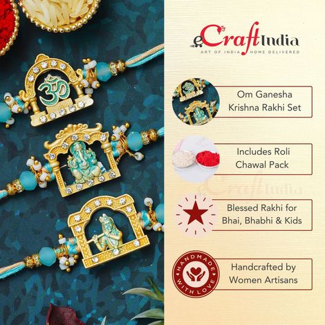 Religious Om Ganesha Krishna Designer Rakhis with Roli Chawal Pack | Rakhi for Brother Bhaiya Bhai Bhabhi Kids (eCraftIndia) Set of 3