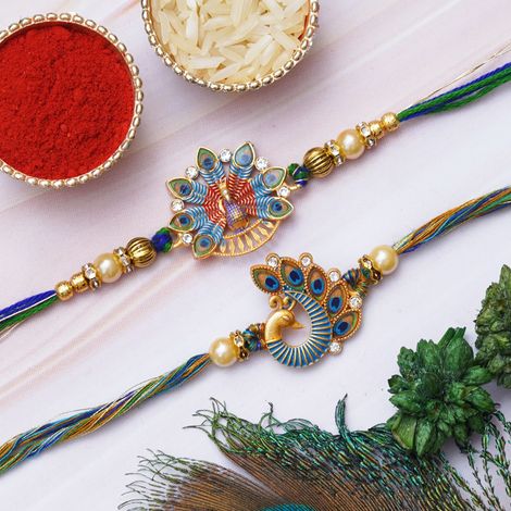 Peacock Multicolor Designer Rakhis for Brother, Bhabhi, Kids & Roli Chawal Pack (eCraftIndia) Set of 2