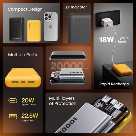 Ambrane 20000 mAh Mini Power Bank With 22.5W Fast Charging, Triple Output Powerlit - Yellow